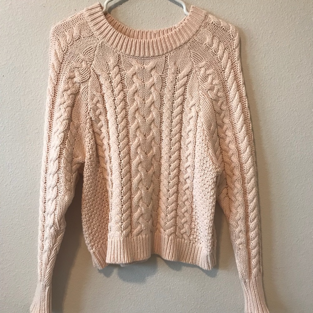 Aerie Cable Knit Crew Neck Sweater Light Pink